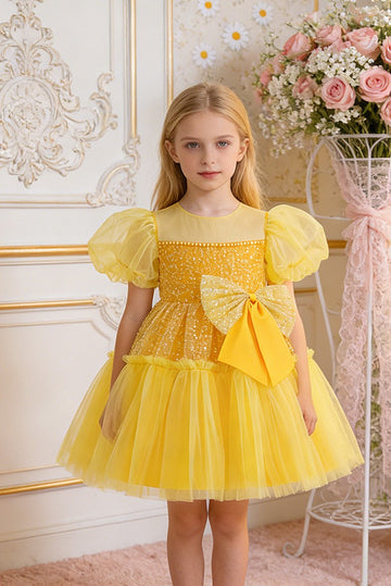 Yellow Puff Sleeved Kiddie Short Party Dress TXD031