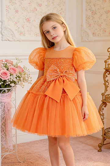 Yellow Puff Sleeved Kiddie Short Party Dress TXD031