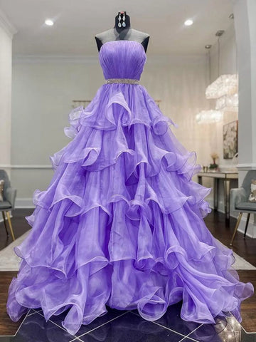 Trendy Organza Purple Ruffles Princess Prom Gown SREAL046