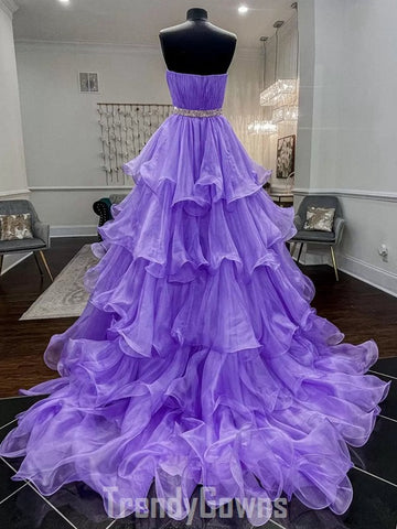 Trendy Organza Purple Ruffles Princess Prom Gown SREAL046