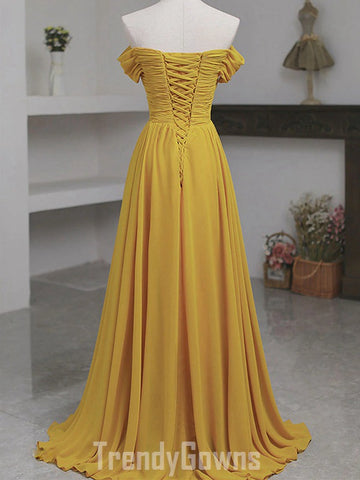 Trendy A-line Off the Shoulder Yellow Chiffon Prom Gown SREAL047