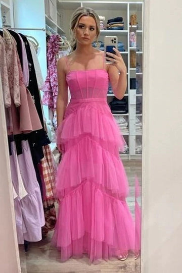 Trendy A-line Fuchsia High Low Prom Gown SREAL048