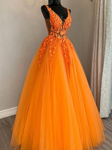 Trendy V Neck Orange Lace Princess Prom Gown SREAL049