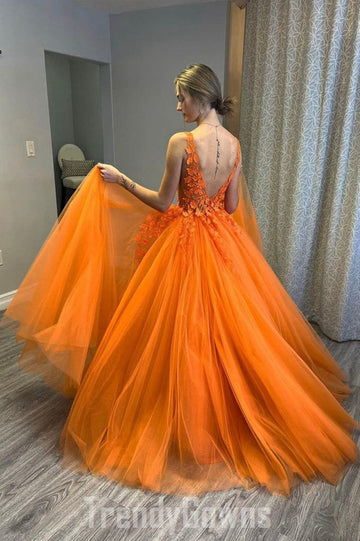 Trendy V Neck Orange Lace Princess Prom Gown SREAL049