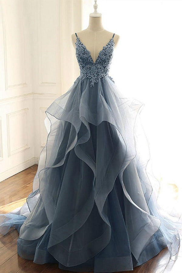 Trendy A-line Junior V Neck Dusty Blue Lace Prom Gown SREAL050