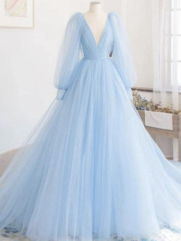 Trendy Long Sleeves Light Blue Prom Gown SREAL052