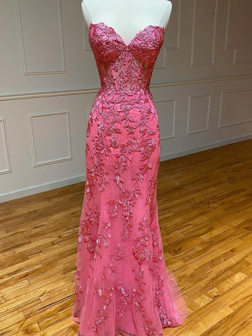 Trendy Sweetheart Pink Mermaid Lace Prom Gown SREAL055