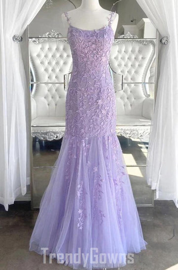 Trendy Purple Mermaid Straps Lace Long Prom Gown SREAL057