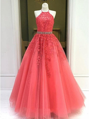 Trendy Halter Junior Red Neck Coral Lace Prom Gown SREAL058