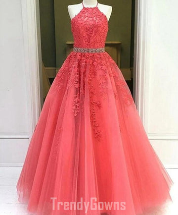 Trendy Halter Junior Red Neck Coral Lace Prom Gown SREAL058