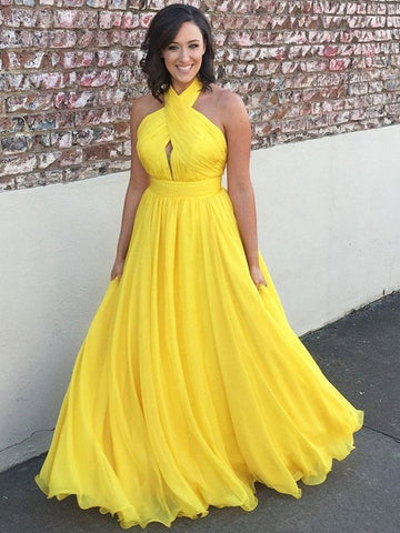 Trendy Yellow Princess Junior Chiffon Halter Prom Gown SREAL061