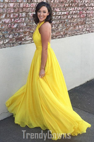 Trendy Yellow Princess Junior Chiffon Halter Prom Gown SREAL061
