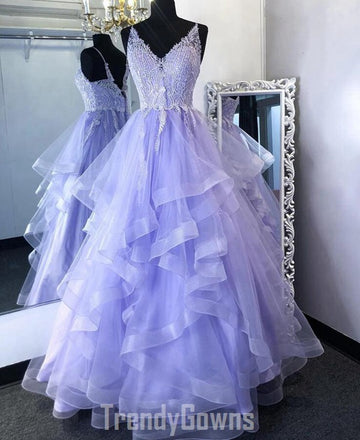 Trendy V Neck Purple Lace Princess Prom Gown SREAL062