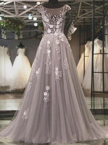 Trendy Princess Grey Lace Formal Evening Dress SREAL064