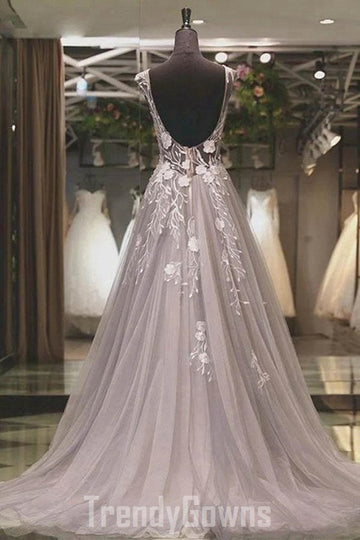 Trendy Princess Grey Lace Formal Evening Dress SREAL064