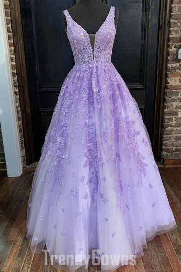 Trendy Princess V Neck Purple Lace Prom Gown SREAL067