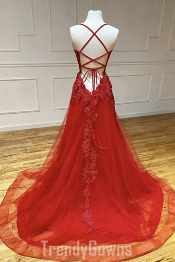 Trendy Princess Straps Burgundy Lace Prom Gown SREAL068