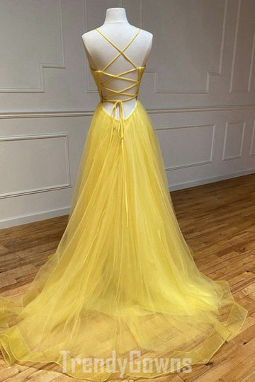 Trendy Princess V Neck Yellow Long Prom Gown SREAL069
