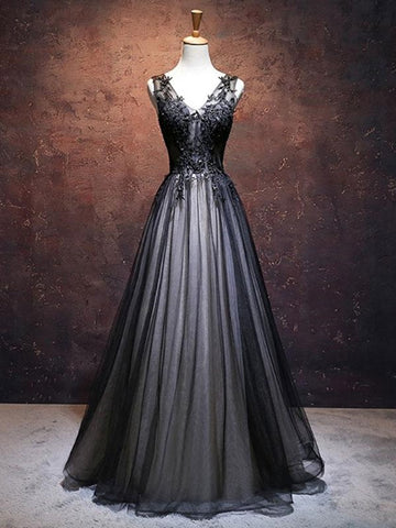 Trendy Princess V Neck Black Lace Prom Gown SREAL072