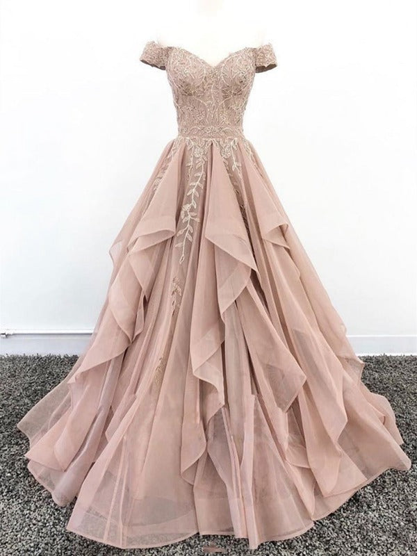 Trendy Off the Shoulder Dusty Pink Junior Lace Prom Gown SREAL073
