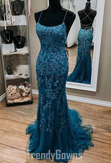 Trendy Ink Blue Straps Mermaid Lace Prom Gown SREAL081