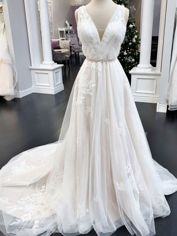 Trendy Ivory V-neck Lace A-line Junior Prom Formal Gown SREAL084