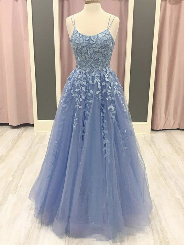 Trendy Straps Dusty Blue Lace A-line Prom Gown SREAL085