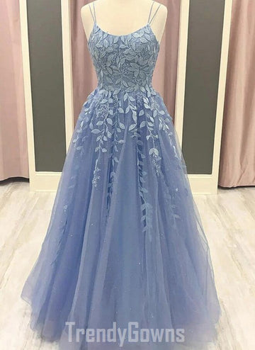 Trendy Straps Dusty Blue Lace A-line Prom Gown SREAL085