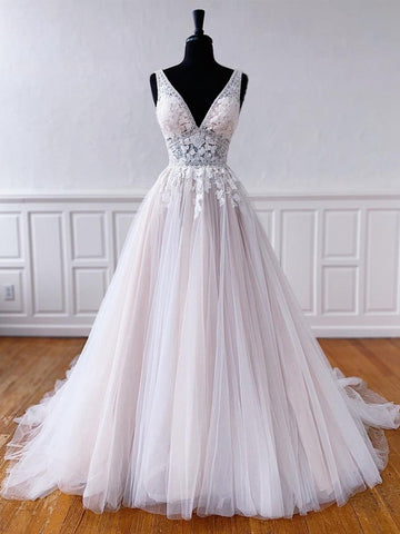 Trendy V Neck Light Pink Junior Princess Lace Prom Gown SREAL086