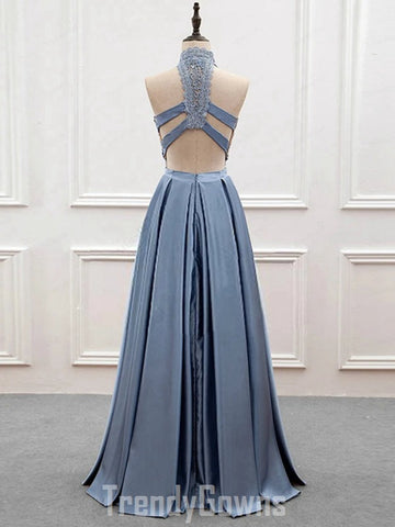 Trendy 2 Pieces High Neck Dusty Blue Lace Prom Gown SREAL087