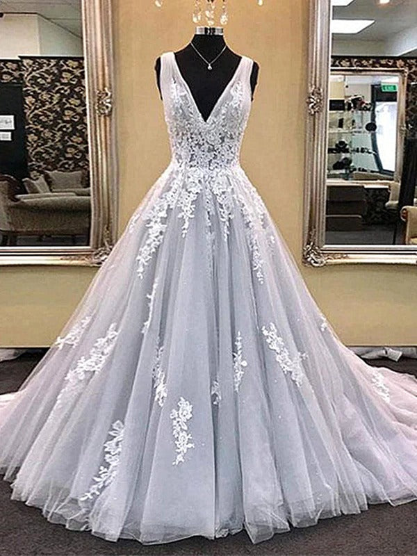 Trendy V Neck Light Gray Princess Lace Prom Gown SREAL088