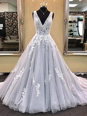 Trendy V Neck Light Gray Princess Lace Prom Gown SREAL088