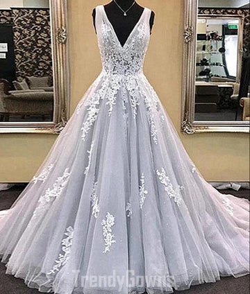 Trendy V Neck Light Gray Princess Lace Prom Gown SREAL088