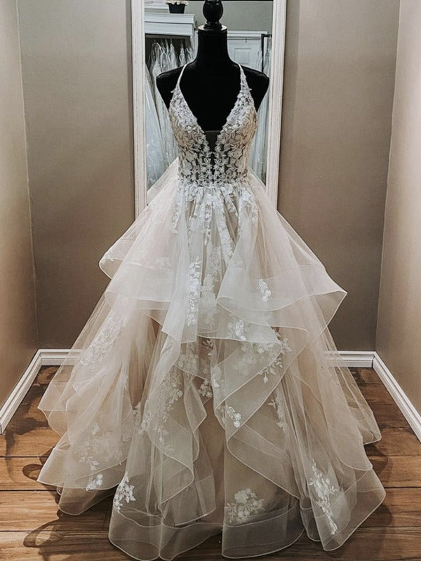 Trendy Champagne Lace Junior Formal Prom Gown SREAL089