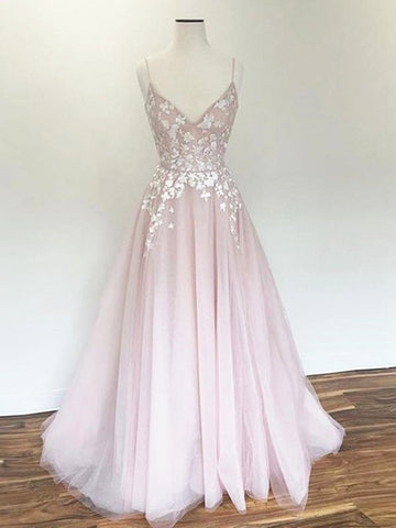 Trendy A-line Pink Long Lace Floral Junior Formal Evening Gown SREAL090