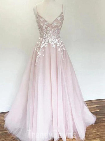 Trendy A-line Pink Long Lace Floral Junior Formal Evening Gown SREAL090