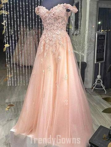 Trendy A-line Off the Shoulder Junior Pink Lace Prom Gown SREAL094