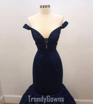 Trendy Navy Blue Mermaid Lace Formal Prom Gown SREAL103