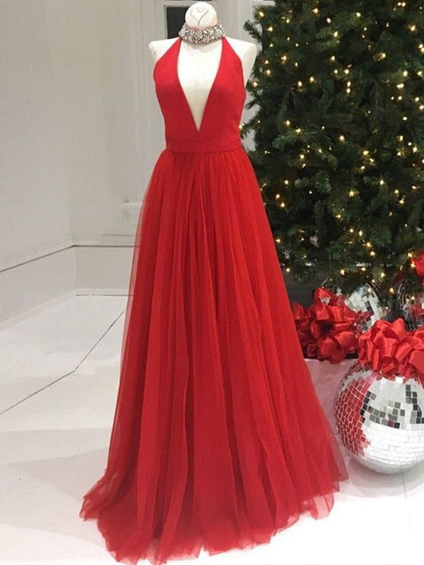 Trendy High Neck V Neck Red Long Prom Gown SREAL106