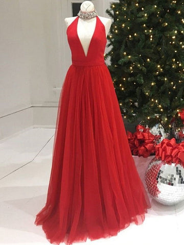 Trendy High Neck V Neck Red Long Prom Gown SREAL106