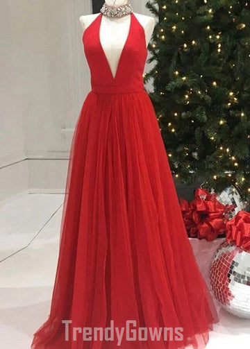 Trendy High Neck V Neck Red Long Prom Gown SREAL106