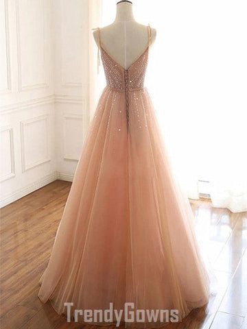 Trendy V Neck Champagne Tulle A-line Prom Gown SREAL107