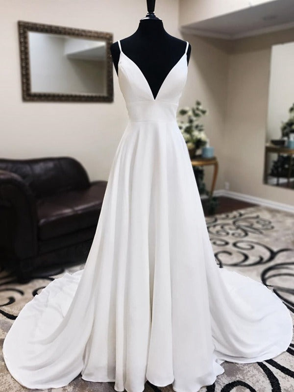 Trendy A-line V Neck White Prom Gown SREAL109