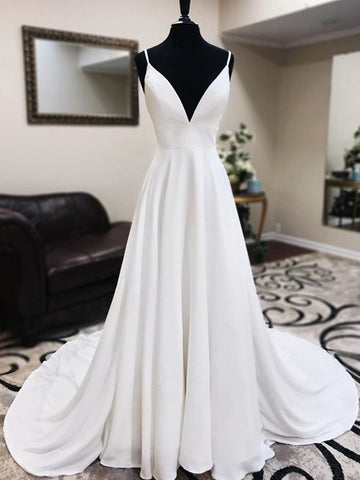 Trendy A-line V Neck White Prom Gown SREAL109