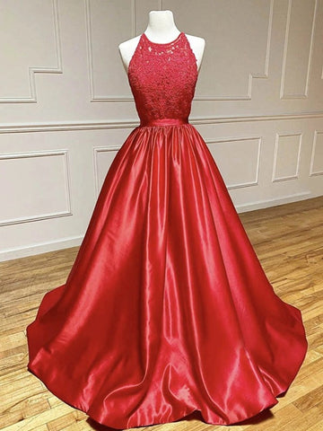 Trendy A-line Halter Red Lace Long Prom Gown SREAL111