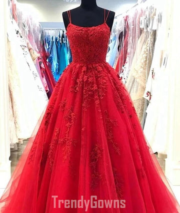Trendy Princess Straps Red Lace Prom Gown SREAL112