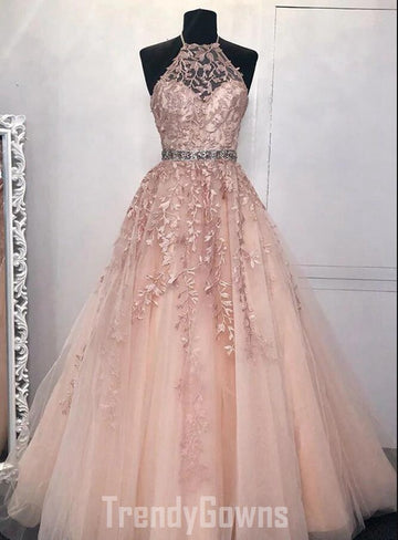 Trendy Halter Junior Pink Lace Prom Gown SREAL113