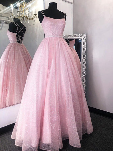 Trendy A-line Straps Shiny Junior Pink Long Prom Gown SREAL114