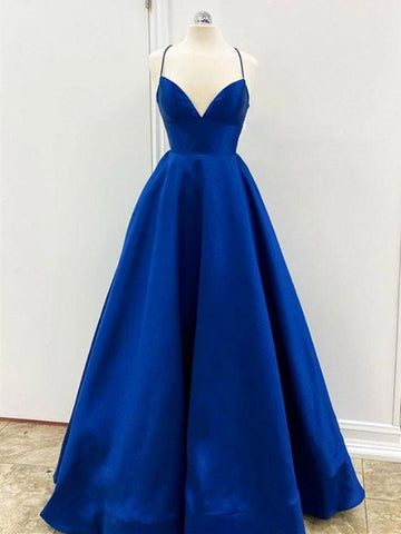 Trendy V Neck Royal Blue Satin Prom Gown SREAL115
