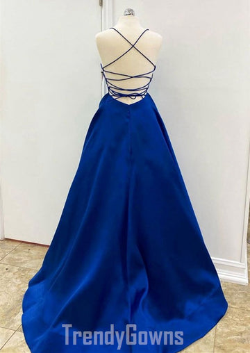 Trendy V Neck Royal Blue Satin Prom Gown SREAL115